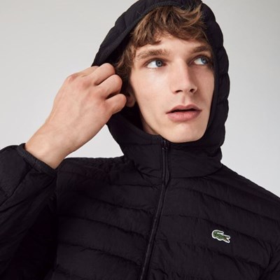 Abrigos Lacoste Ligeros Foldable Encapuchado Agua-Resistant Puffer Hombre Negros | 79BSJALVG