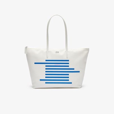 Bolsas Lacoste L.12.12 Nautical Stripes Large Coated Lona Mujer Blancos Azules | 81EPBVLWF