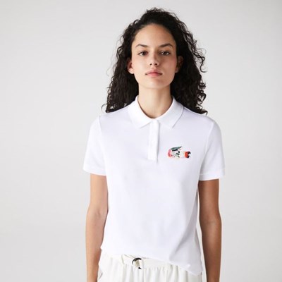 Camisa Polo Lacoste Regular Fit Colored Crocodile Flowy Piqué Mujer Blancos | 04HAPTZFC