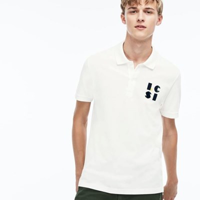 Camisa Polo Lacoste Regular Fit LCST Lettering Petit Piqué Hombre Blancos | 48MXIOVZD