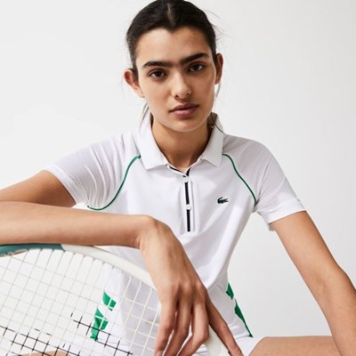 Camisa Polo Lacoste SPORT Mixed-Matterial Respirable Stretch Tenis Mujer Blancos Verdes Azul Marino | 34XDRCQAZ