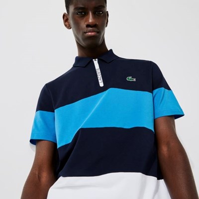 Camisa Polo Lacoste SPORT Striped Stretch Piqué Zip-Up Golf Hombre Azul Marino Blancos | 01NTZJSUW