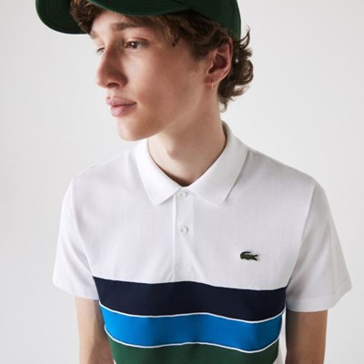 Camisa Polo Lacoste SPORT Tricolor Paneled Ligeros Algodon Hombre Blancos Verdes Azules | 21ZLRPJOX