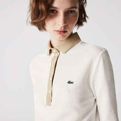 Camisa Polo Lacoste Slim Fit Algodon Mujer Blancos Beige | 96XKZRWAU