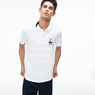 Camisa Polo Lacoste Slim Fit Lettering Stretch Mini Piqué Hombre Blancos Azul Marino | 94PQNLWTA