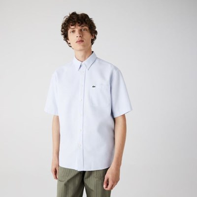 Camisas Lacoste Corta-Sleeved Ligeros Algodon Hombre Azules Blancos | 50KNWUDJT