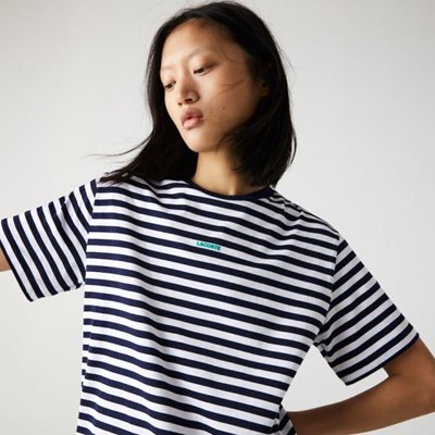 Camisas Lacoste Crew Neck Branded Striped Algodon Mujer Azul Marino Blancos | 72EPUDXWI