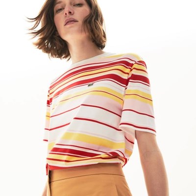 Camisas Lacoste Crew Neck Striped Algodon Mujer Blancos Rojos Rosas Amarillos | 54FKUPYJC