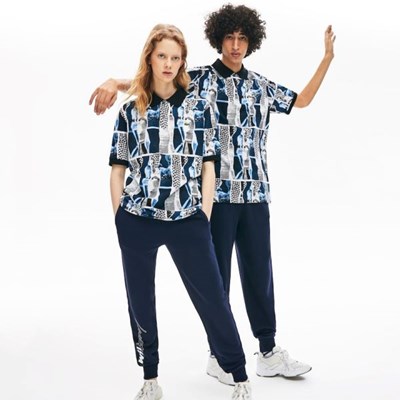 Camisas Lacoste LIVE Loose Fit Graphic Print Algodon Hombre Blancos Azules Blancos | 68AYHXWPQ