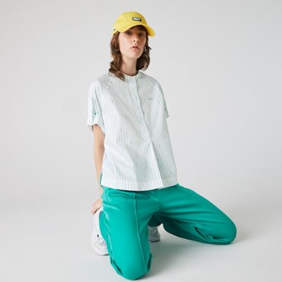 Camisas Lacoste Oversized Mao Collar Striped Algodon Poplin Mujer Blancos Verdes | 61QLKACPZ