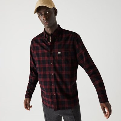 Camisas Lacoste Regular Fit Algodon Twill Checkered Hombre Negros Vino | 04GZRKANF