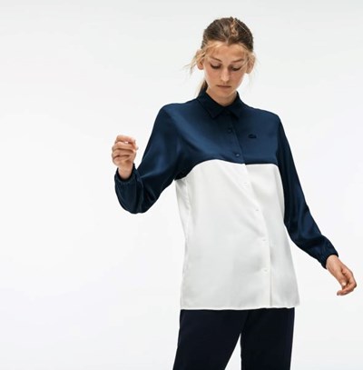 Camisas Lacoste Regular Fit Bicolor Flowing Piqué Mujer Azules Blancos | 68DWYSHOU