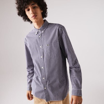 Camisas Lacoste Regular Fit Gingham Algodon Poplin Hombre Blancos Azul Marino | 70UISTAHX