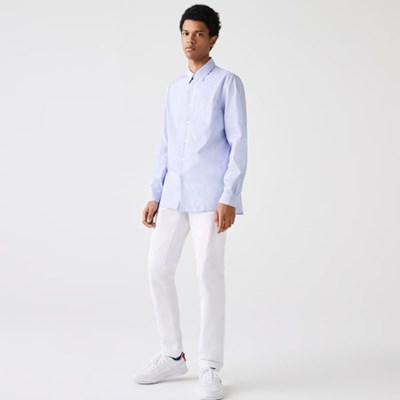 Camisas Lacoste Regular Fit Striped Algodon Poplin Hombre Blancos Azules | 20YUFVXQS