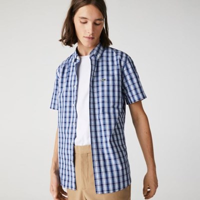 Camisas Lacoste Slim Fit Checked Poplin Hombre Azules Blancos Azules | 31JKGYDOB