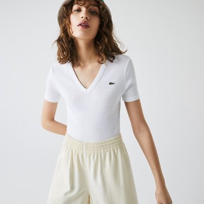 Camisas Lacoste Soft Algodon V-Neck Mujer Blancos | 17OJYCNAG