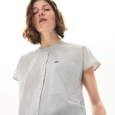 Camisas Lacoste Striped Linen And Algodon Blend Mujer Blancos Azul Marino | 18FRPUCZG