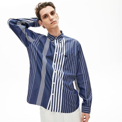 Camisas Lacoste Variegated-Stripe Relaxed Algodon Hombre Azul Marino Blancos | 68ESUVDYB