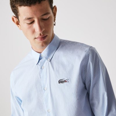 Camisas Lacoste x National Geographic Regular Fit Striped Algodon Hombre Azules Blancos | 64YGEFLTU