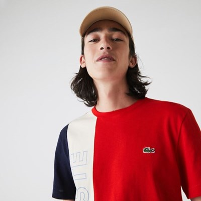 Camiseta Lacoste Crewneck Colorblock Hombre Rojos Beige Azul Marino | 62WVGTBZC