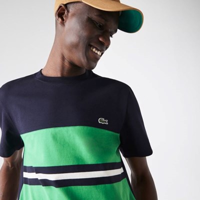 Camiseta Lacoste Crewneck Striped Algodon Hombre Azul Marino Verdes Beige | 73IOAGTBW