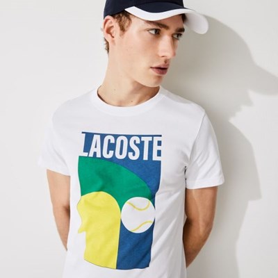 Camiseta Lacoste Respirable Graphic Print Hombre Blancos | 05BQAYCOK