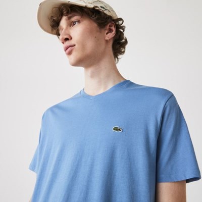 Camiseta Lacoste V-neck Pima Algodon Jersey Hombre Azules | 48PCBXNUS