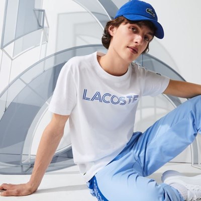 Camiseta Lacoste x Novak Djokovix Deporte Hombre Blancos Azules | 64BQXTYJH