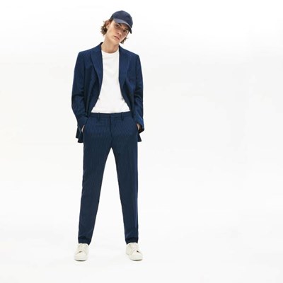 Pantalones Lacoste LIVE Fine Pinstriped Wool Hombre Azules Blancos | 84BAWRUKF