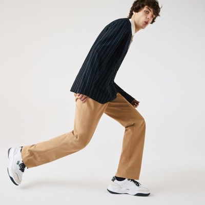 Pantalones Lacoste Slim Fit Stretch Algodon Pleated Chino Hombre Beige | 60BZTHKMC