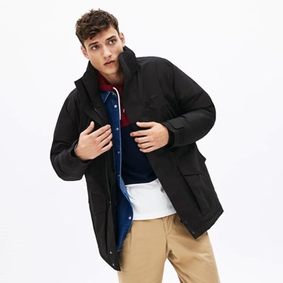 Parka Lacoste Detachable Faux Fur Hood Long Quilted Hombre Negros Grises | 32HWBZACN