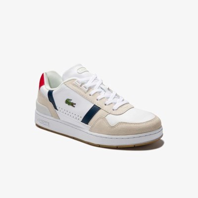 Tenis Lacoste T-Clip Tricolour Cuero and Gamuza Mujer Blancos Azul Marino Rojos | 37HVDYOZT