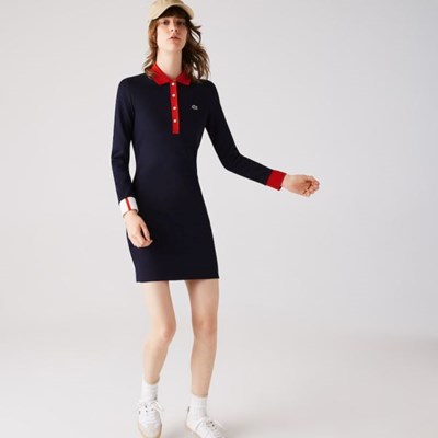 Vestido Lacoste Made In France Stretch Algodon Jersey Mujer Azul Marino Rojos Blancos | 57IQSLCDF